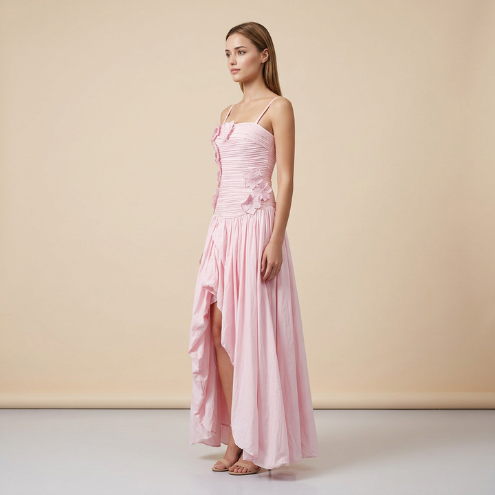 3D Floral Ruched Spaghetti Strap High Slit Maxi Dress-Vyana Collective