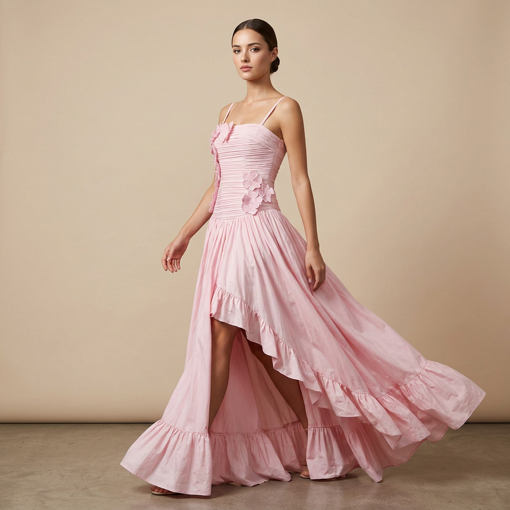 3D Floral Ruched Spaghetti Strap High Slit Maxi Dress-Vyana Collective