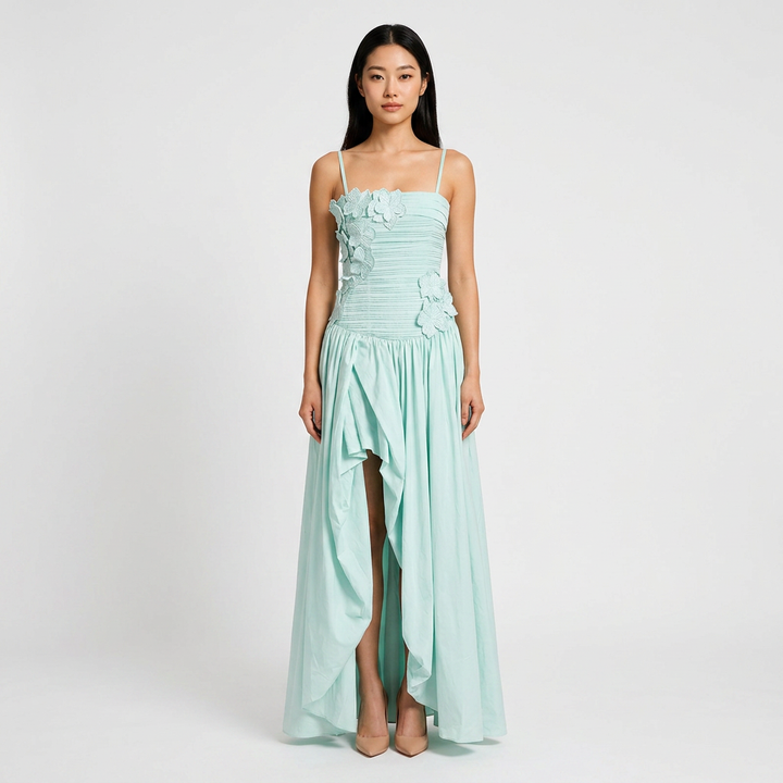 3D Floral Ruched Spaghetti Strap High Slit Maxi Dress-Vyana Collective
