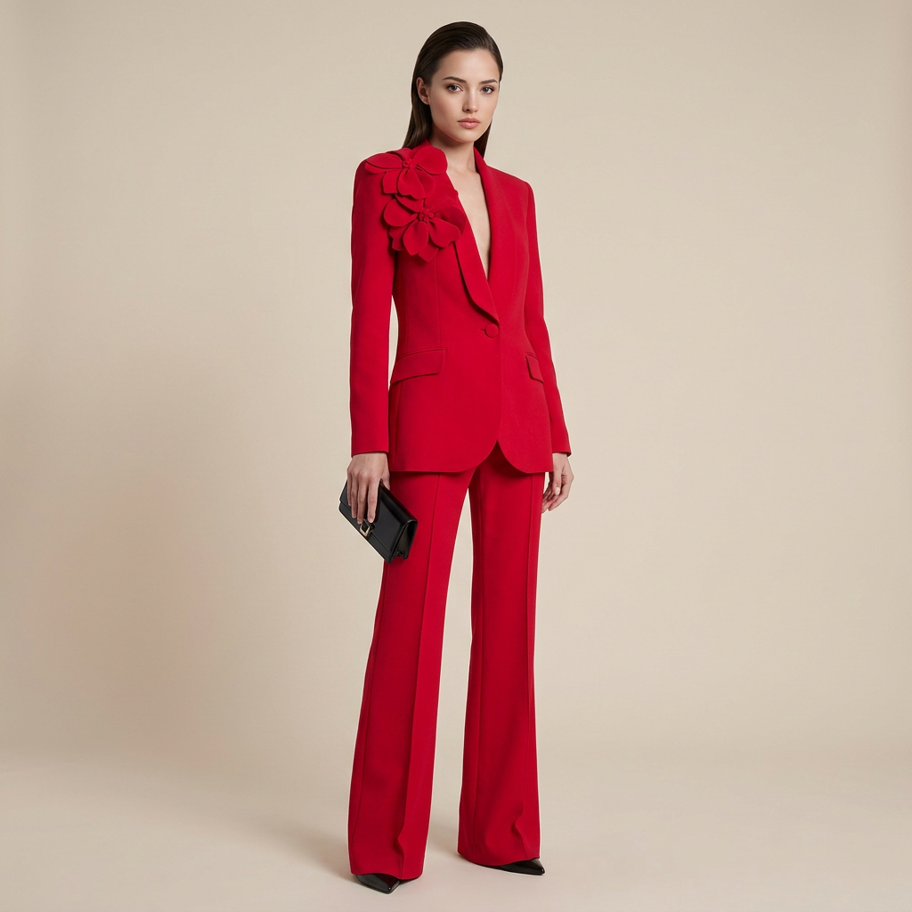 3D Floral Shawl Lapel Blazer and Wide Leg Pants Set for Weddings and Executive Elegance Women-Vyana Collective