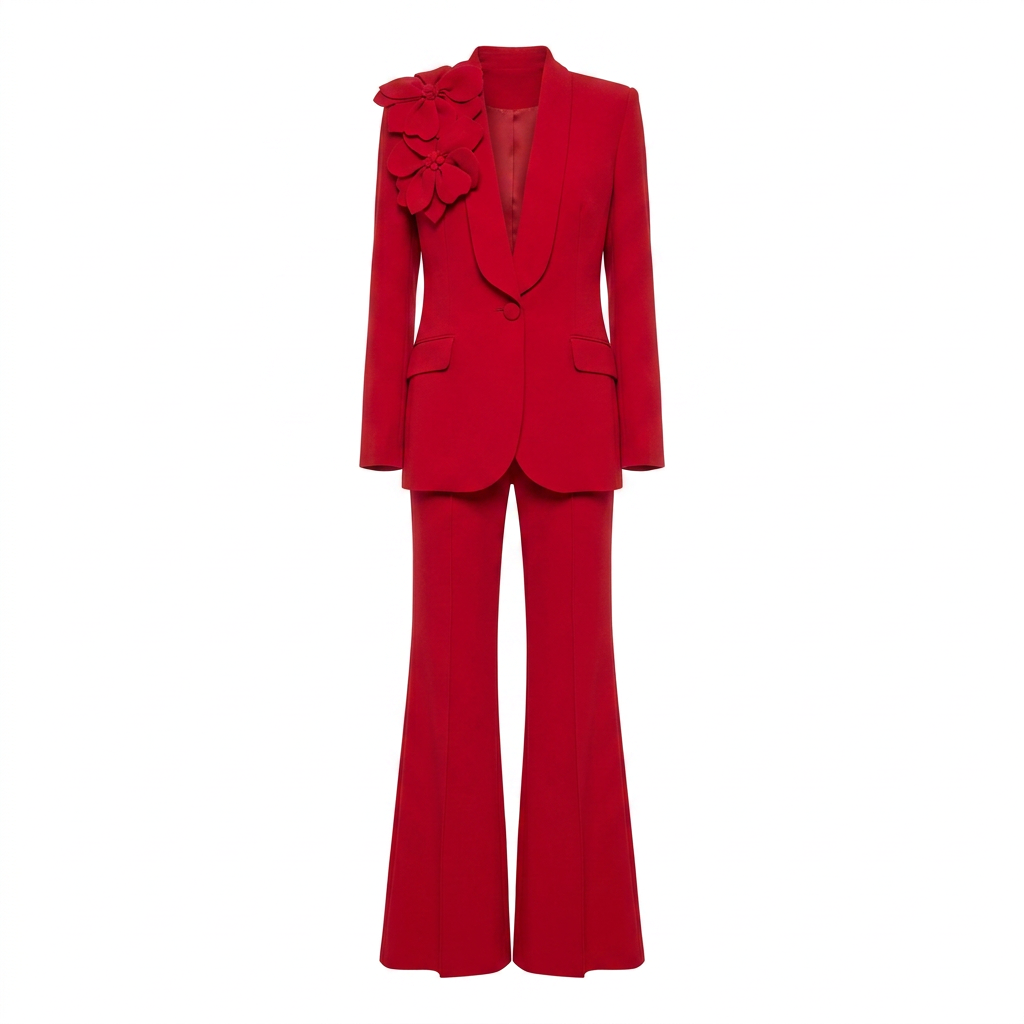 3D Floral Shawl Lapel Blazer and Wide Leg Pants Set for Weddings and Executive Elegance Women-Vyana Collective