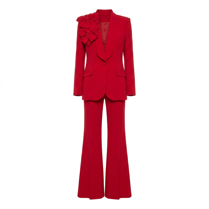 3D Floral Shawl Lapel Blazer and Wide Leg Pants Set for Weddings and Executive Elegance Women-Vyana Collective