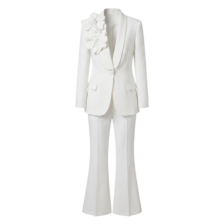 3D Floral Shawl Lapel Blazer and Wide Leg Pants Set for Weddings and Executive Elegance Women-Vyana Collective