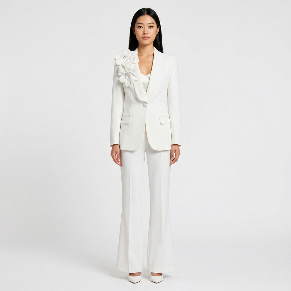 3D Floral Shawl Lapel Blazer and Wide Leg Pants Set for Weddings and Executive Elegance Women-Vyana Collective