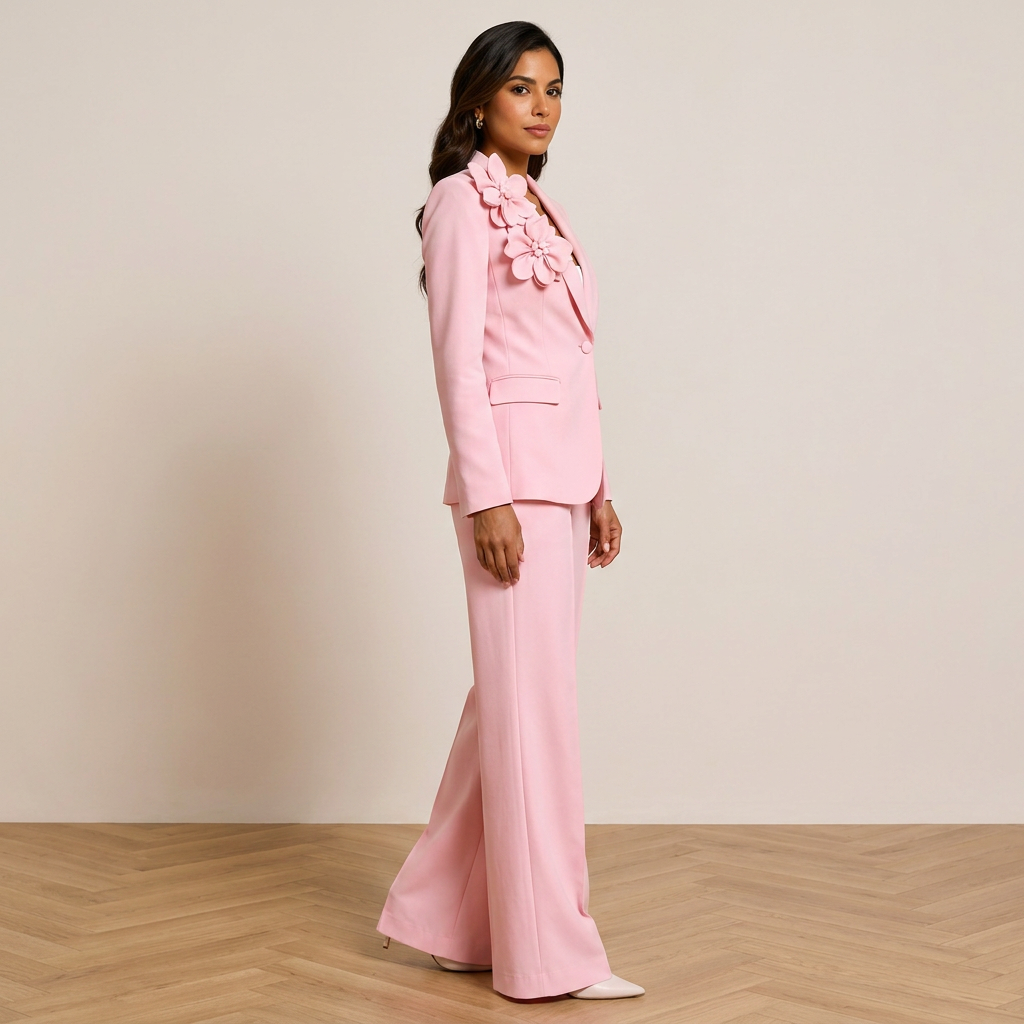 3D Floral Shawl Lapel Blazer and Wide Leg Pants Set for Weddings and Executive Elegance Women-Vyana Collective