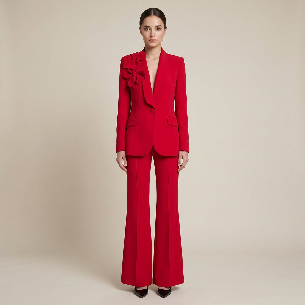 3D Floral Shawl Lapel Blazer and Wide Leg Pants Set for Weddings and Executive Elegance Women-Vyana Collective