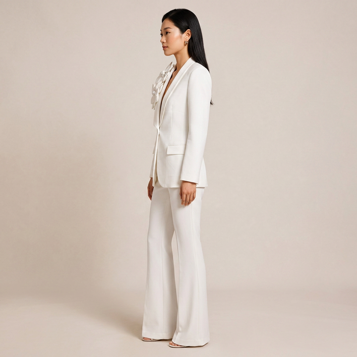 3D Floral Shawl Lapel Blazer and Wide Leg Pants Set for Weddings and Executive Elegance Women-Vyana Collective