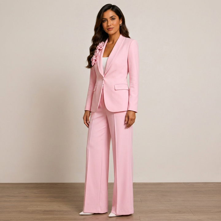 3D Floral Shawl Lapel Blazer and Wide Leg Pants Set for Weddings and Executive Elegance Women-Vyana Collective