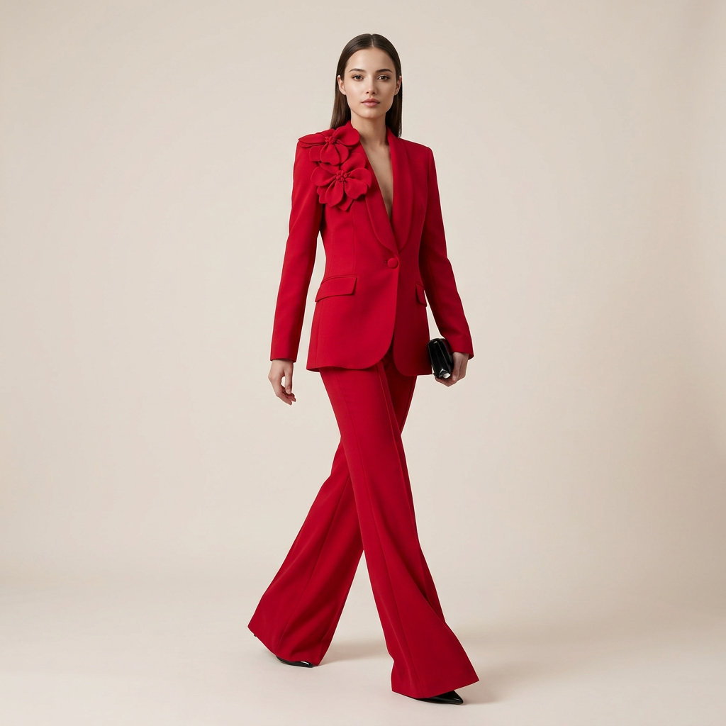 3D Floral Shawl Lapel Blazer and Wide Leg Pants Set for Weddings and Executive Elegance Women-Vyana Collective