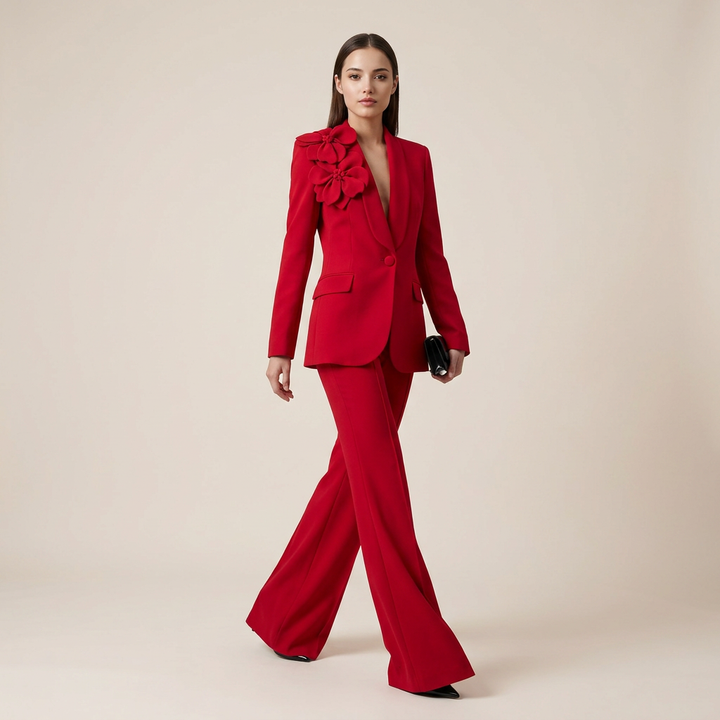 3D Floral Shawl Lapel Blazer and Wide Leg Pants Set for Weddings and Executive Elegance Women-Vyana Collective