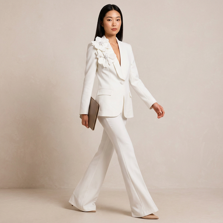 3D Floral Shawl Lapel Blazer and Wide Leg Pants Set for Weddings and Executive Elegance Women-Vyana Collective
