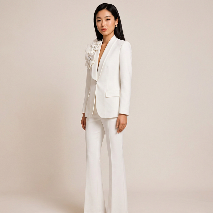 3D Floral Shawl Lapel Blazer and Wide Leg Pants Set for Weddings and Executive Elegance Women-Vyana Collective