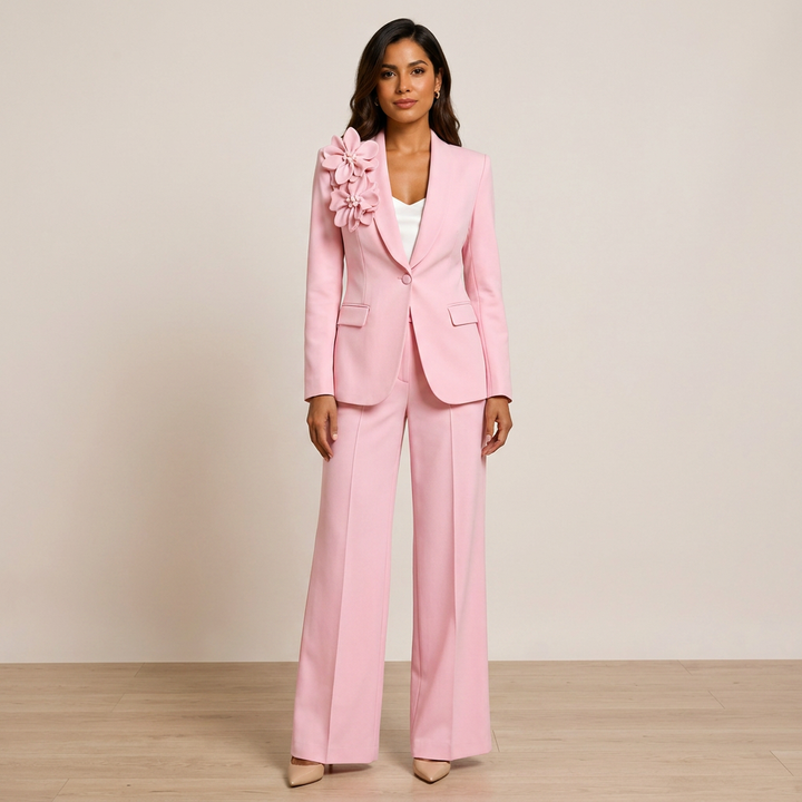 3D Floral Shawl Lapel Blazer and Wide Leg Pants Set for Weddings and Executive Elegance Women-Vyana Collective