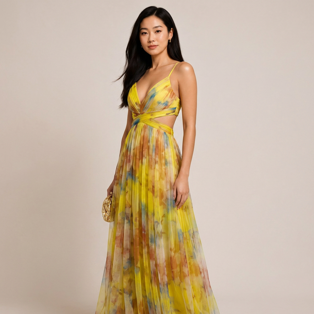 Abstract Print Mesh Maxi Dress with Cutout Waist for Weddings and Elegant Celebrations Women-Vyana Collective