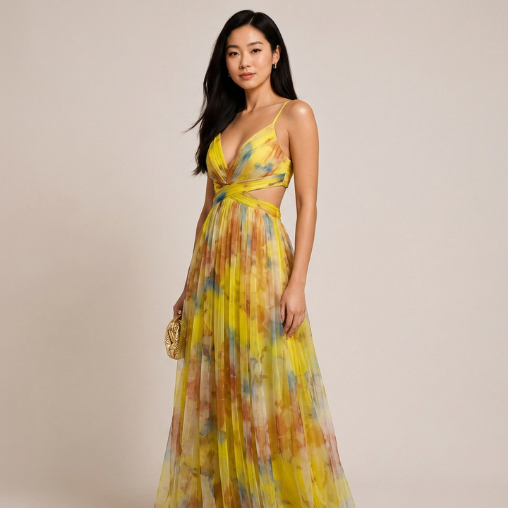 Abstract Print Mesh Maxi Dress with Cutout Waist for Weddings and Elegant Celebrations Women-Vyana Collective