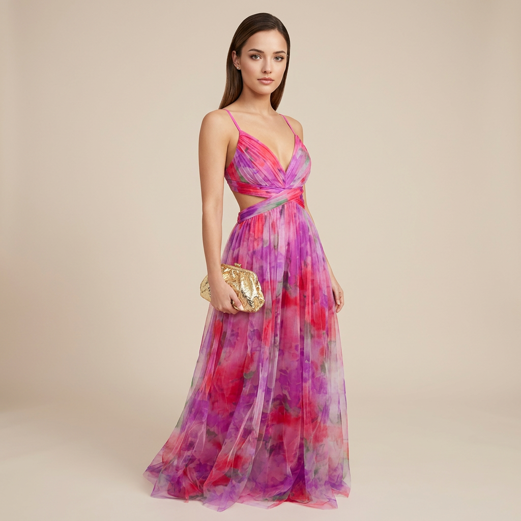 Abstract Print Mesh Maxi Dress with Cutout Waist for Weddings and Elegant Celebrations Women-Vyana Collective