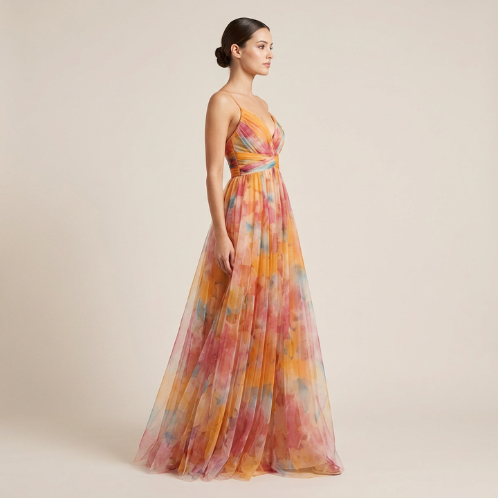 Abstract Print Mesh Maxi Dress with Cutout Waist for Weddings and Elegant Celebrations Women-Vyana Collective