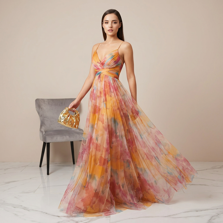 Abstract Print Mesh Maxi Dress with Cutout Waist for Weddings and Elegant Celebrations Women-Vyana Collective