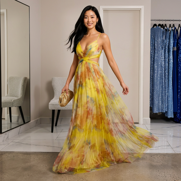 Abstract Print Mesh Maxi Dress with Cutout Waist for Weddings and Elegant Celebrations Women-Vyana Collective