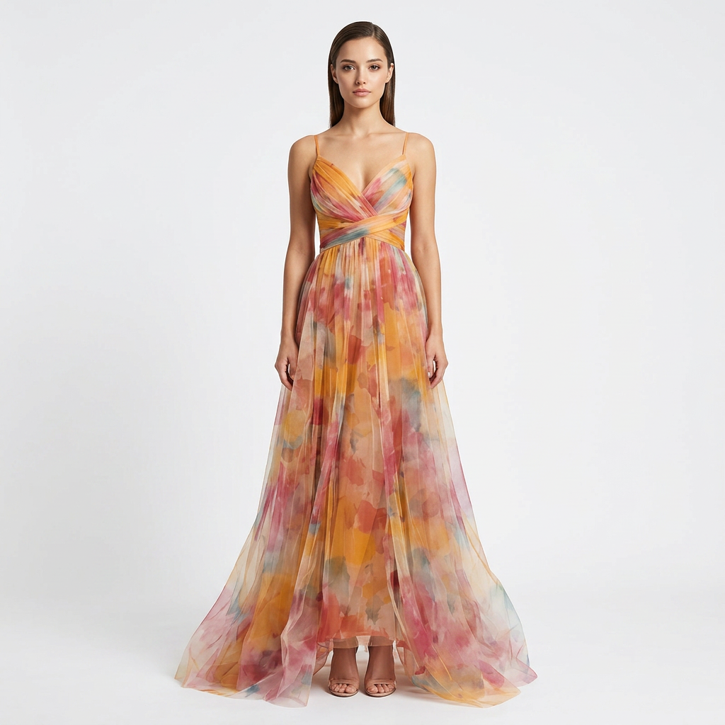 Abstract Print Mesh Maxi Dress with Cutout Waist for Weddings and Elegant Celebrations Women-Vyana Collective