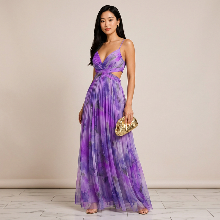Abstract Print Mesh Maxi Dress with Cutout Waist for Weddings and Elegant Celebrations Women-Vyana Collective