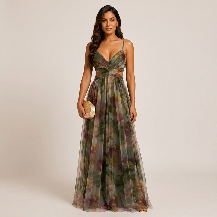 Abstract Print Mesh Maxi Dress with Cutout Waist for Weddings and Elegant Celebrations Women-Vyana Collective