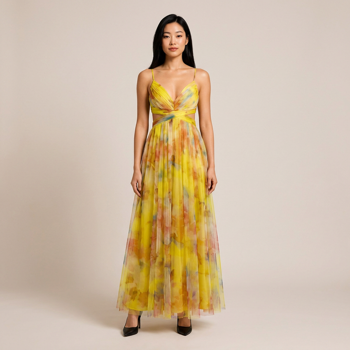 Abstract Print Mesh Maxi Dress with Cutout Waist for Weddings and Elegant Celebrations Women-Vyana Collective