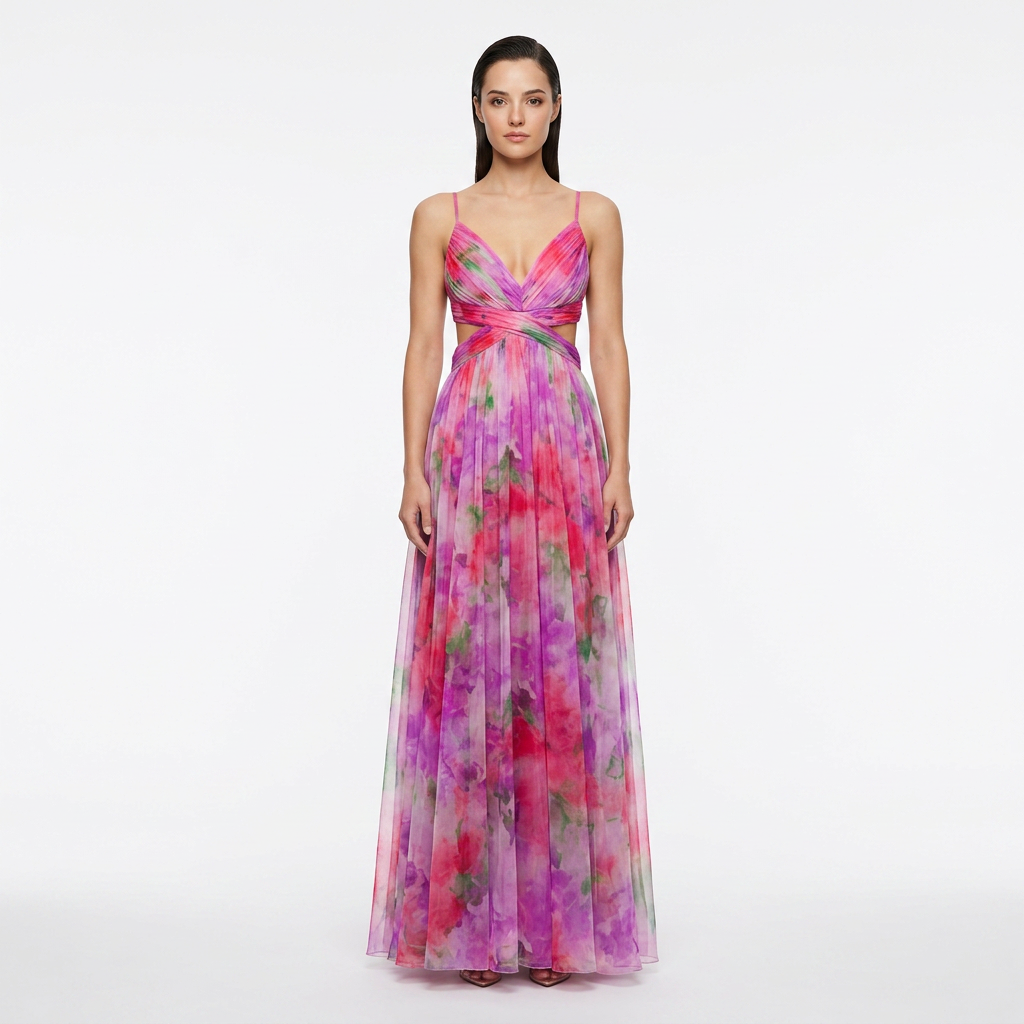 Abstract Print Mesh Maxi Dress with Cutout Waist for Weddings and Elegant Celebrations Women-Vyana Collective