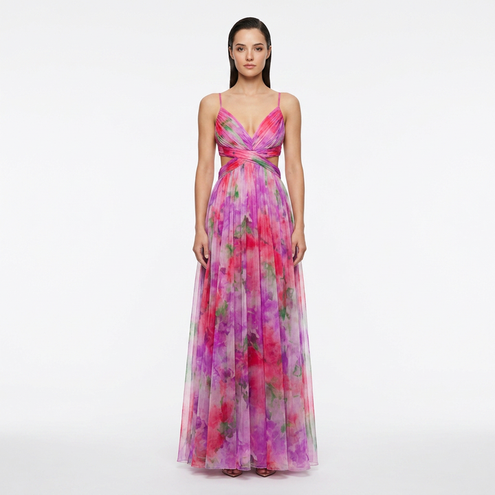 Abstract Print Mesh Maxi Dress with Cutout Waist for Weddings and Elegant Celebrations Women-Vyana Collective