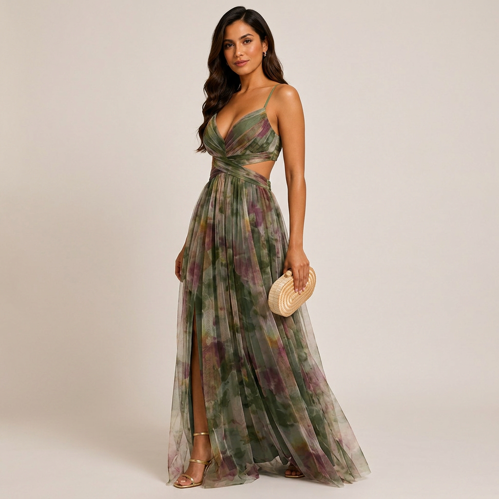 Abstract Print Mesh Maxi Dress with Cutout Waist for Weddings and Elegant Celebrations Women-Vyana Collective