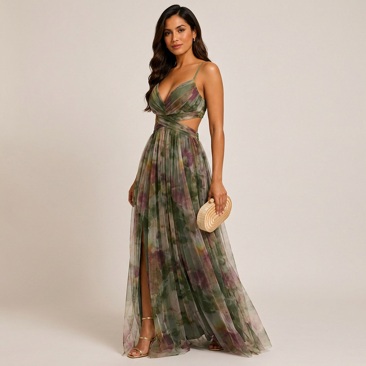 Abstract Print Mesh Maxi Dress with Cutout Waist for Weddings and Elegant Celebrations Women-Vyana Collective