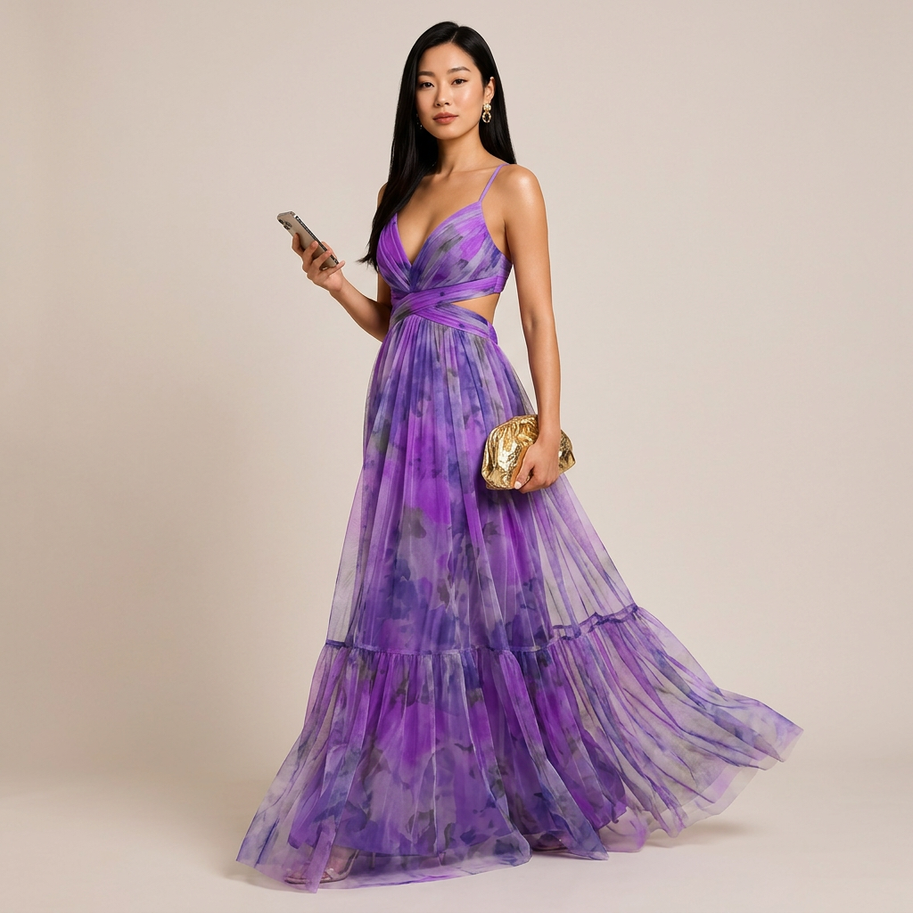 Abstract Print Mesh Maxi Dress with Cutout Waist for Weddings and Elegant Celebrations Women-Vyana Collective