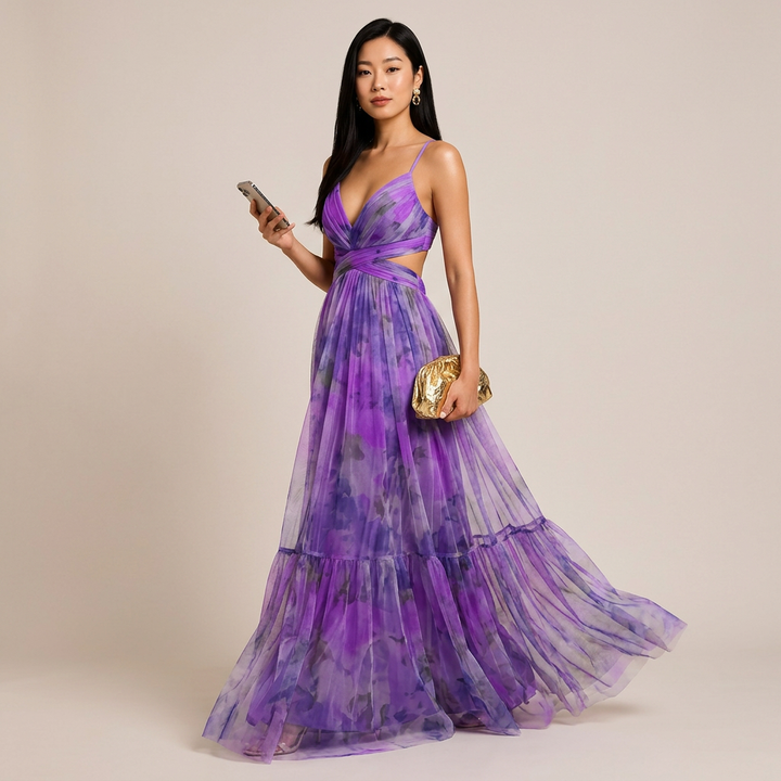 Abstract Print Mesh Maxi Dress with Cutout Waist for Weddings and Elegant Celebrations Women-Vyana Collective