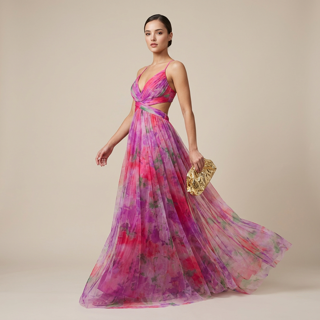 Abstract Print Mesh Maxi Dress with Cutout Waist for Weddings and Elegant Celebrations Women-Vyana Collective
