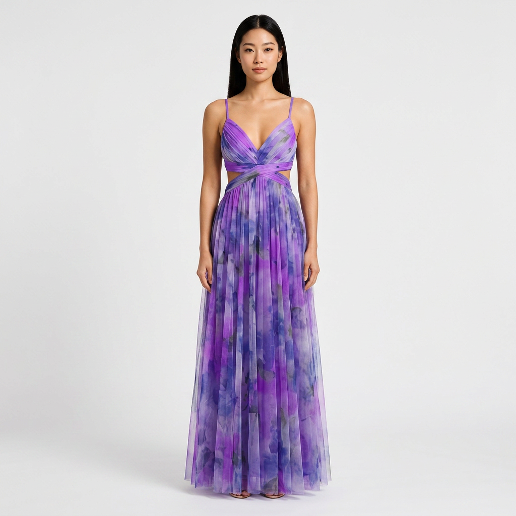 Abstract Print Mesh Maxi Dress with Cutout Waist for Weddings and Elegant Celebrations Women-Vyana Collective