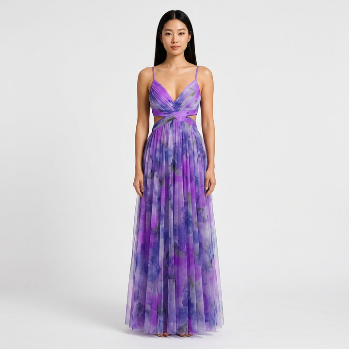 Abstract Print Mesh Maxi Dress with Cutout Waist for Weddings and Elegant Celebrations Women-Vyana Collective