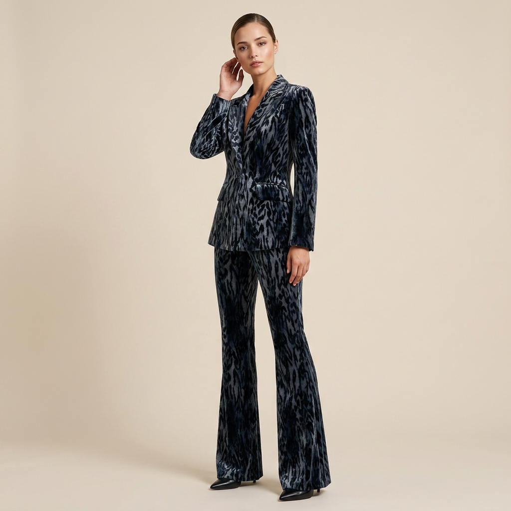 Abstract Velvet Blazer and Flared Pants Set for Evening Events and Statement Style Women-Vyana Collective