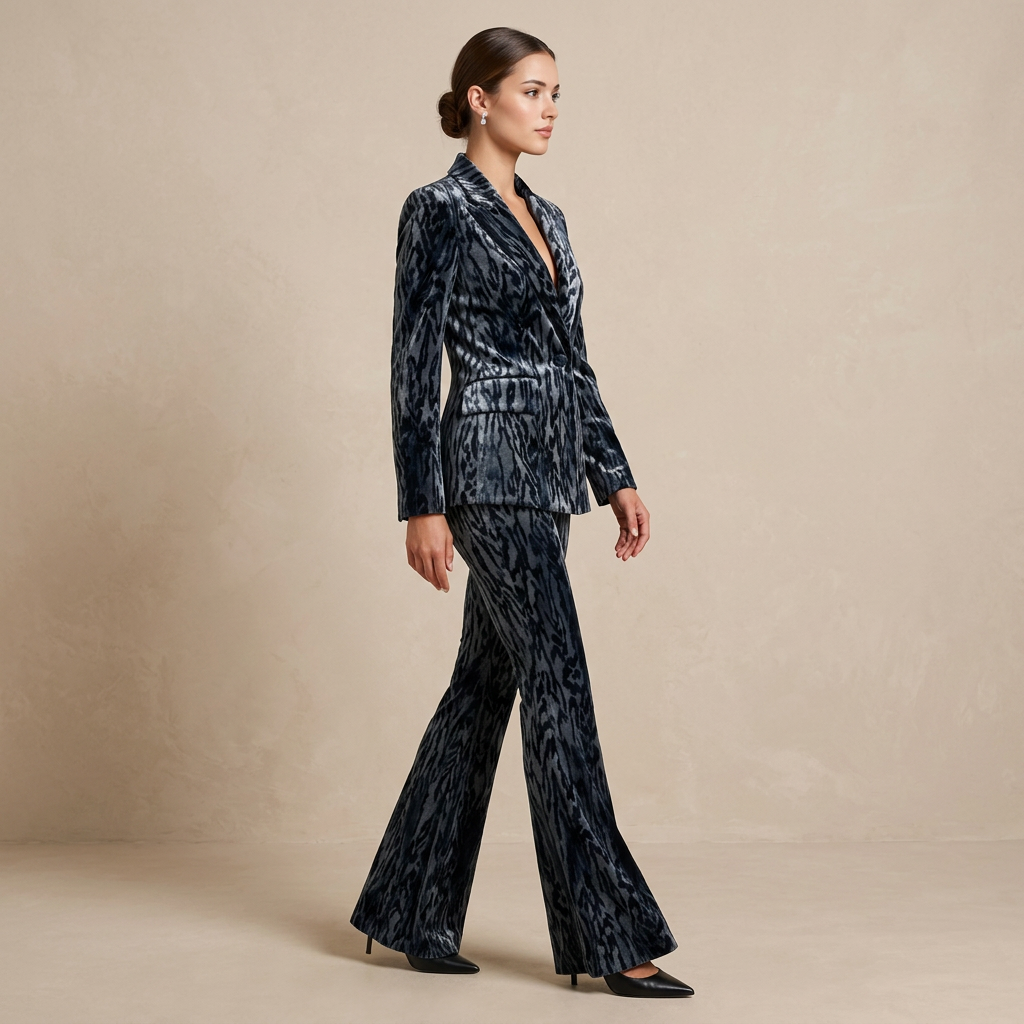 Abstract Velvet Blazer and Flared Pants Set for Evening Events and Statement Style Women-Vyana Collective
