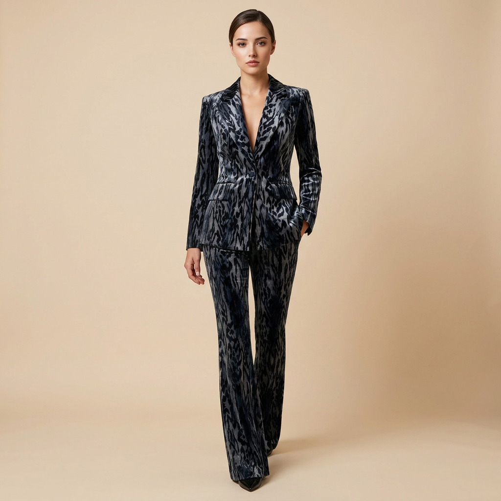 Abstract Velvet Blazer and Flared Pants Set for Evening Events and Statement Style Women-Vyana Collective
