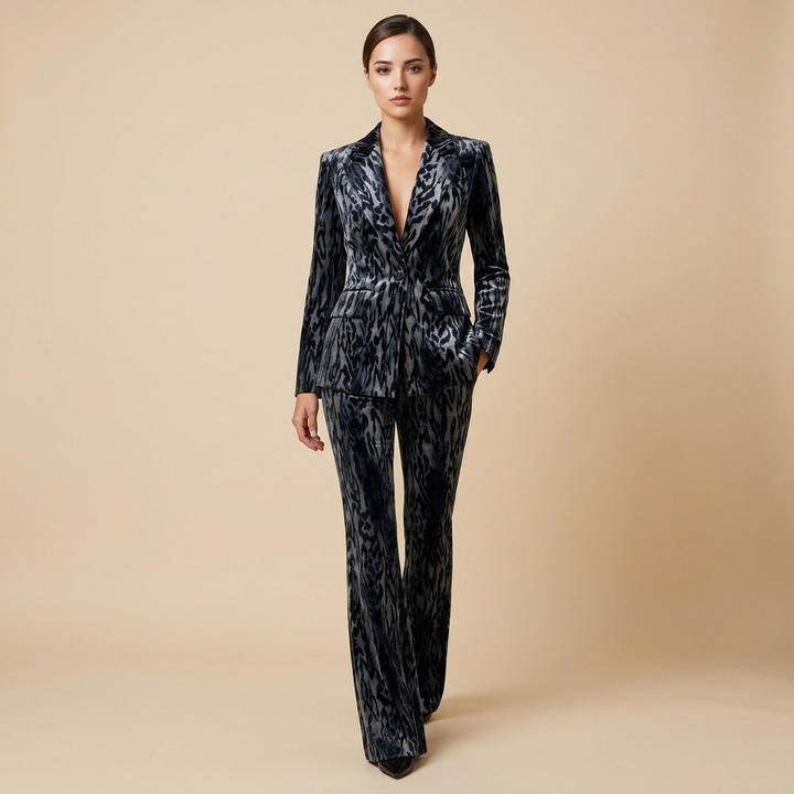 Abstract Velvet Blazer and Flared Pants Set for Evening Events and Statement Style Women-Vyana Collective