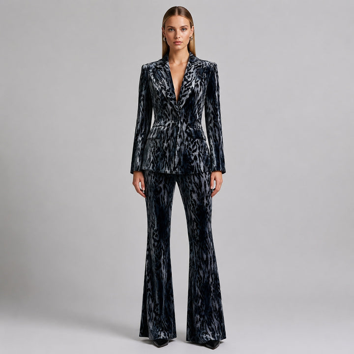 Abstract Velvet Blazer and Flared Pants Set for Evening Events and Statement Style Women-Vyana Collective