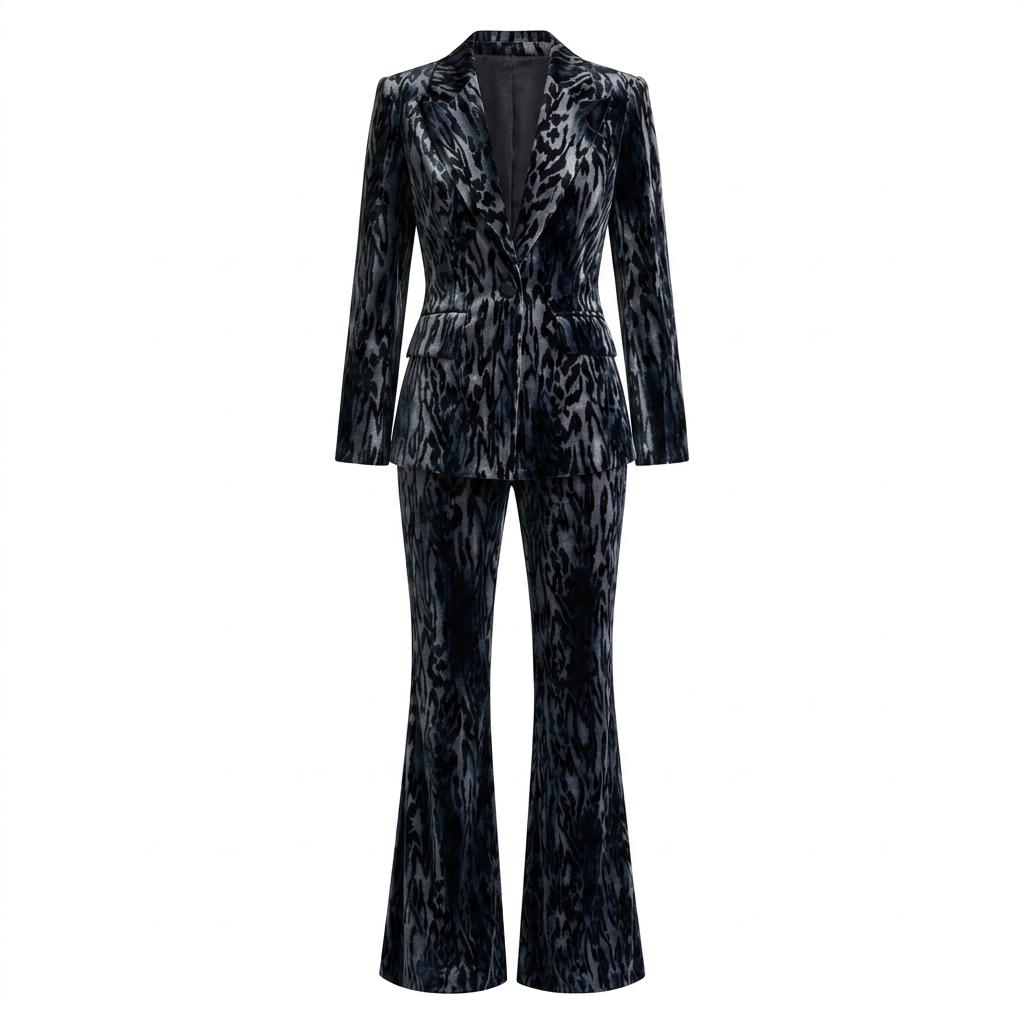Abstract Velvet Blazer and Flared Pants Set for Evening Events and Statement Style Women-Vyana Collective