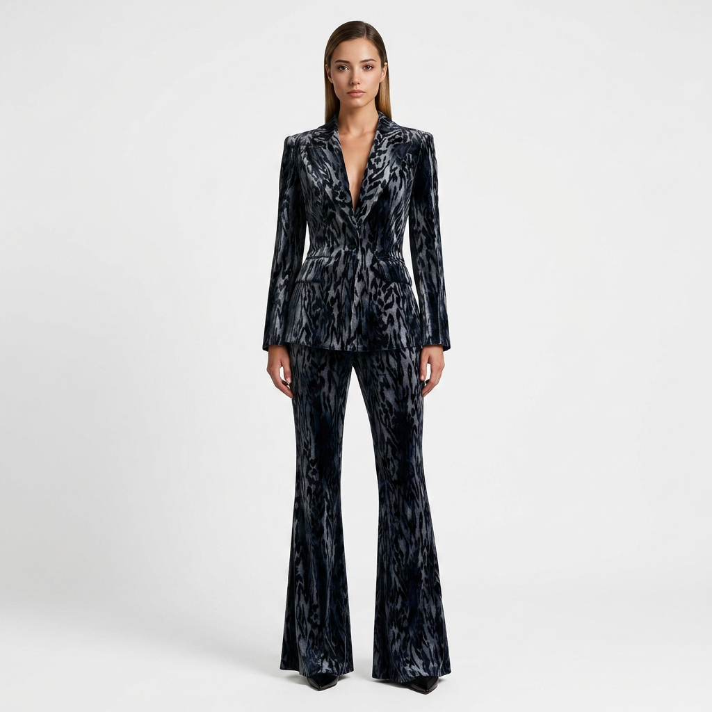 Abstract Velvet Blazer and Flared Pants Set for Evening Events and Statement Style Women-Vyana Collective