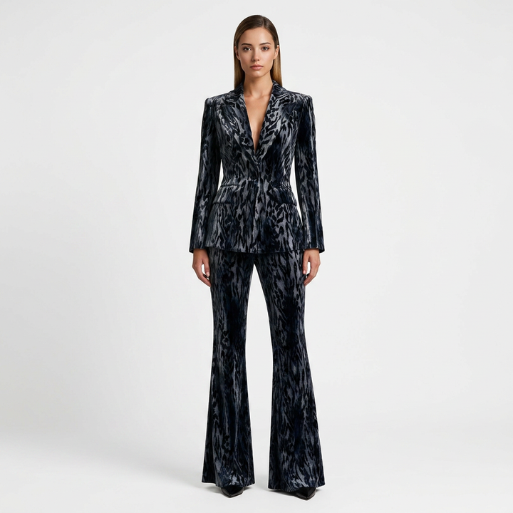 Abstract Velvet Blazer and Flared Pants Set for Evening Events and Statement Style Women-Vyana Collective