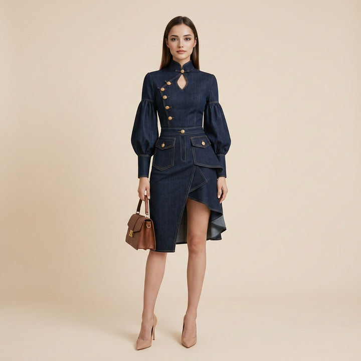 Architectural Indigo Denim Midi Dress with Military Gold-Tone Buttons and Bishop Sleeves-Vyana Collective