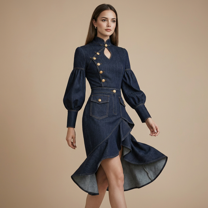 Architectural Indigo Denim Midi Dress with Military Gold-Tone Buttons and Bishop Sleeves-Vyana Collective