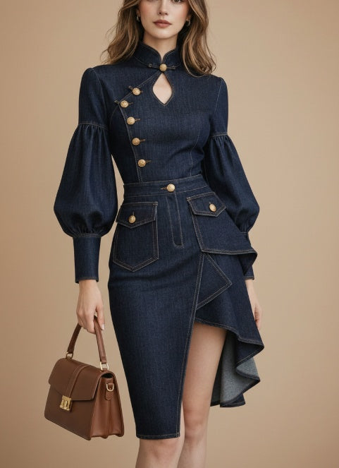 Architectural Indigo Denim Midi Dress with Military Gold-Tone Buttons and Bishop Sleeves-Vyana Collective