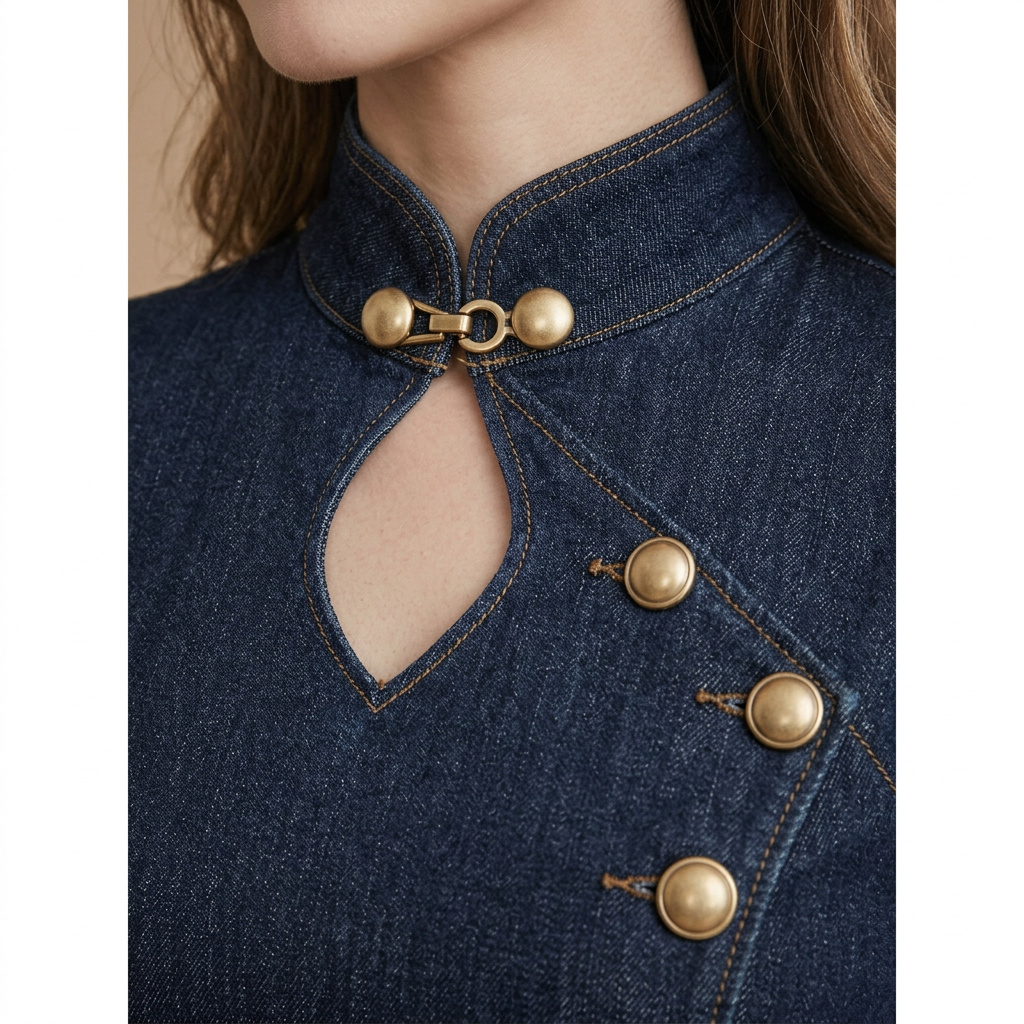 Architectural Indigo Denim Midi Dress with Military Gold-Tone Buttons and Bishop Sleeves-Vyana Collective