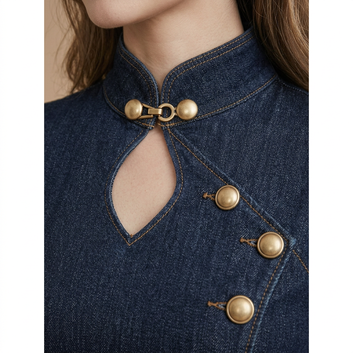 Architectural Indigo Denim Midi Dress with Military Gold-Tone Buttons and Bishop Sleeves-Vyana Collective