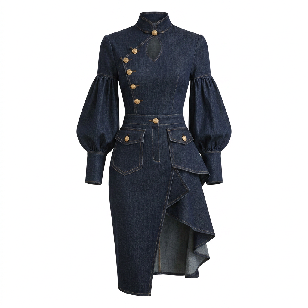Architectural Indigo Denim Midi Dress with Military Gold-Tone Buttons and Bishop Sleeves-Vyana Collective